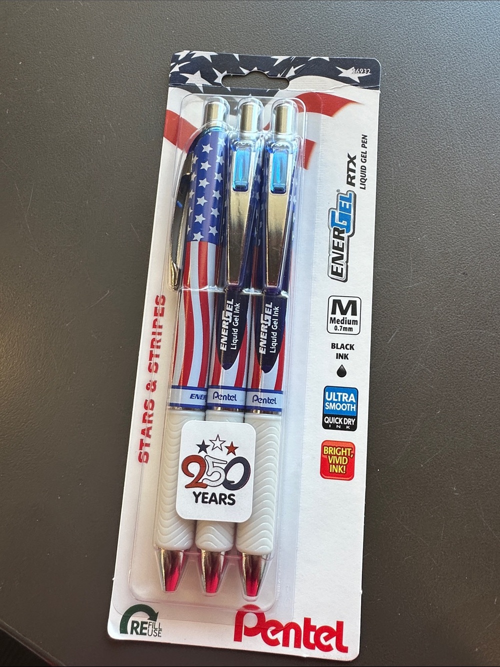 Pentel: Refillable EnerGel RTX Stars & Stripes Black Gel Pens, 3-Pack 🇺🇸